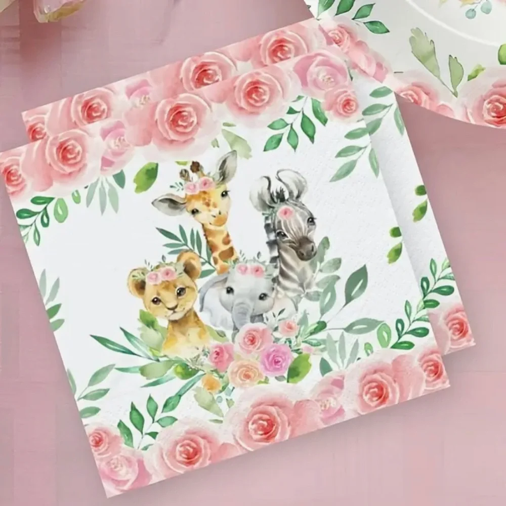 Set of Two (2) INDIVIDUAL Floral Pink Safari Jungle Animals Decoupage Napkins